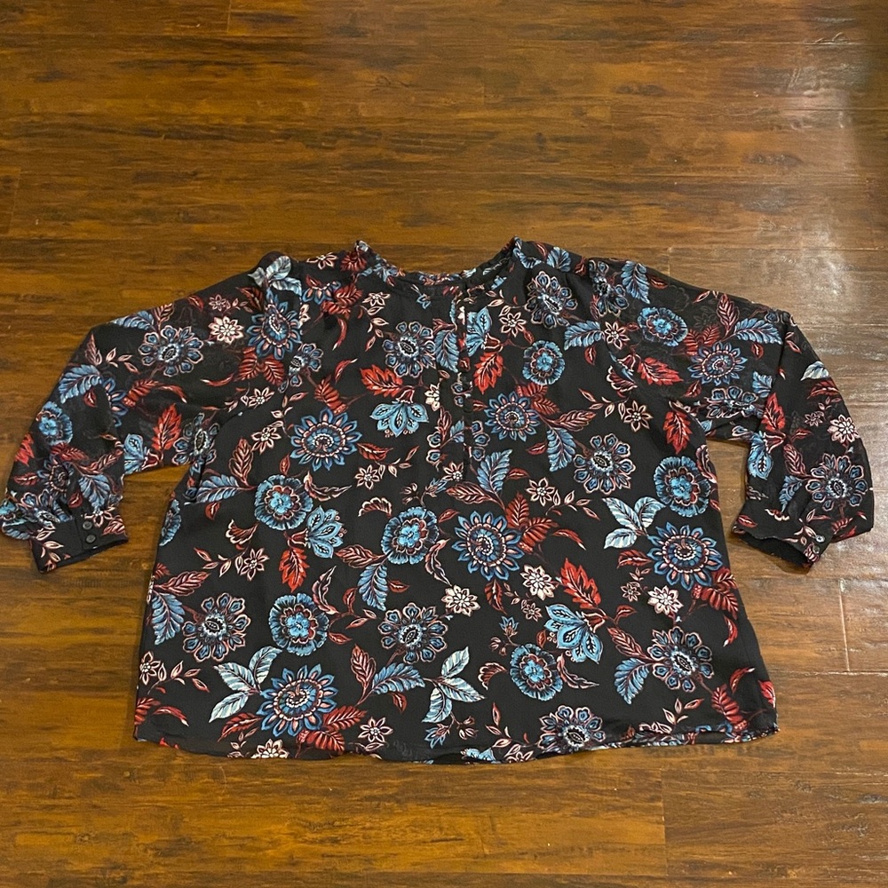 Lane Bryant Women’s Black Floral Blouse with Blue & Red Accents Size 22